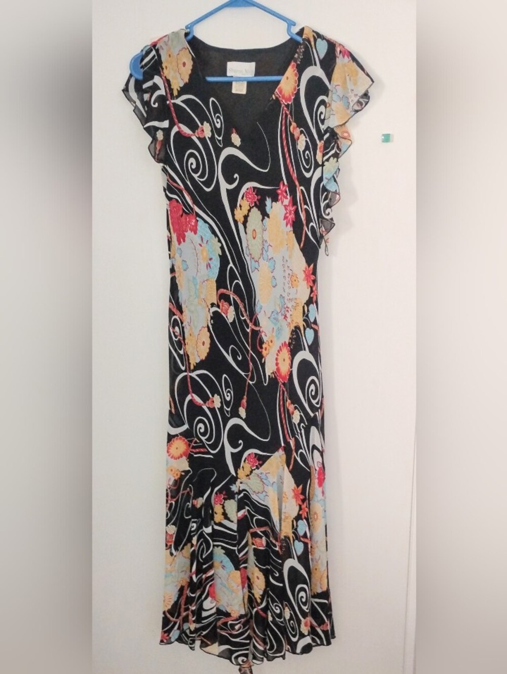 Vintage Flutter Sleeve V-neck Semi-sheer Midi Dress M